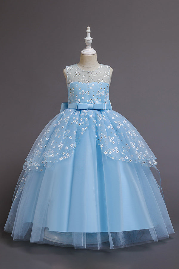 Red Princess Belt Flower Girl Dress with Bow Ball Gown for Weddings-BallBride