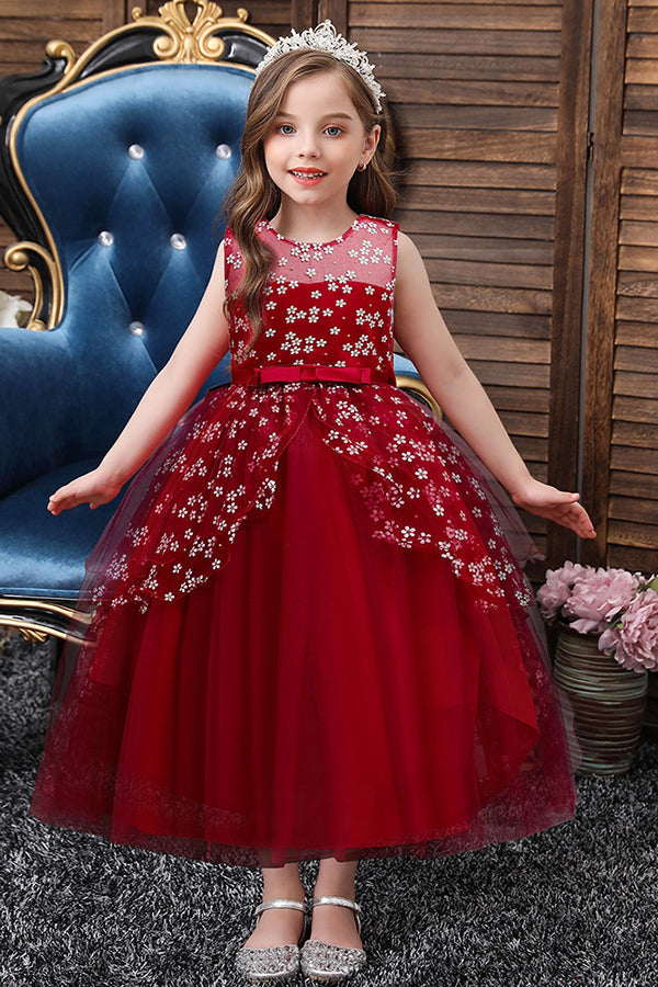 Red Princess Belt Flower Girl Dress with Bow Ball Gown for Weddings-BallBride