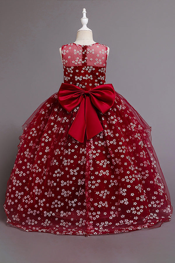 Red Princess Belt Flower Girl Dress with Bow Ball Gown for Weddings-BallBride