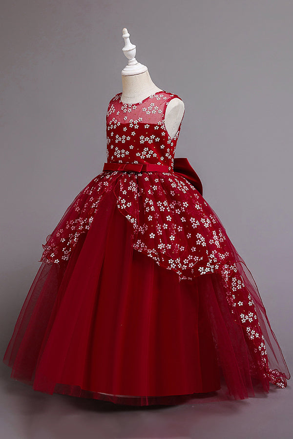 Red Princess Belt Flower Girl Dress with Bow Ball Gown for Weddings-BallBride
