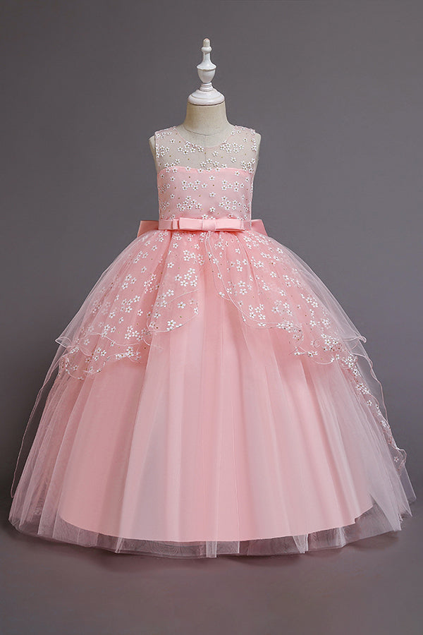 Red Princess Belt Flower Girl Dress with Bow Ball Gown for Weddings-BallBride