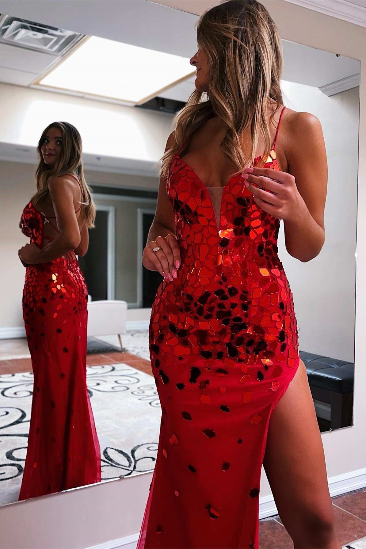 Red Sequin Mermaid Evening Dress with Slit Tulle-BallBride