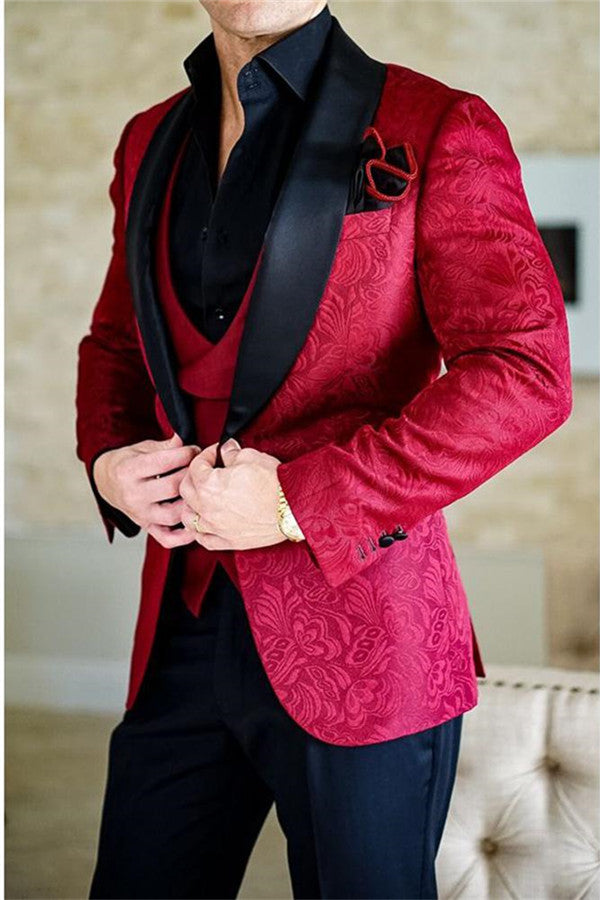 Red Shawl Lapel Jacquard Three Pieces Suit for Men - Business Slim Fit-BallBride