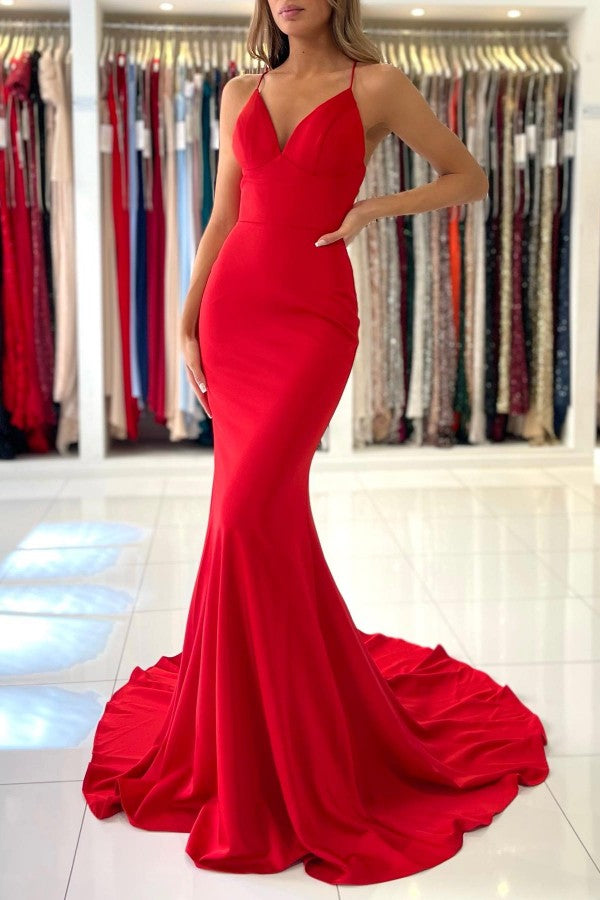 Red Spaghetti Strap Mermaid Evening Dress-BallBride