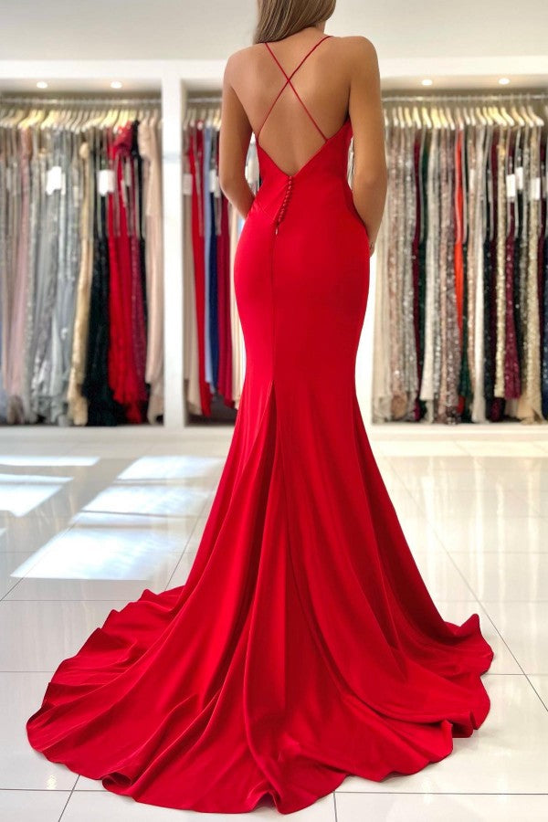 Red Spaghetti Strap Mermaid Evening Dress-BallBride