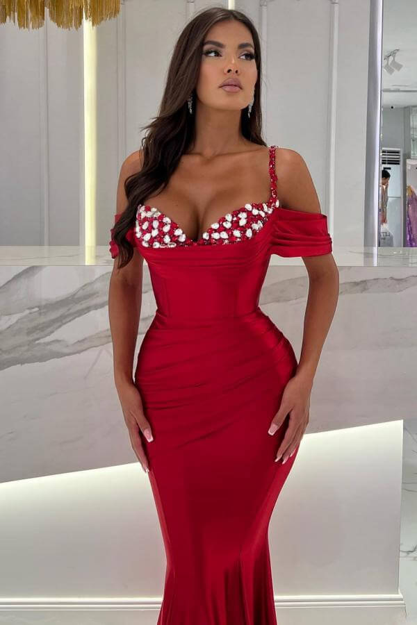 Red Spaghetti Straps Off The Shoulder Mermaid Prom Dress with Rhinestones-BallBride