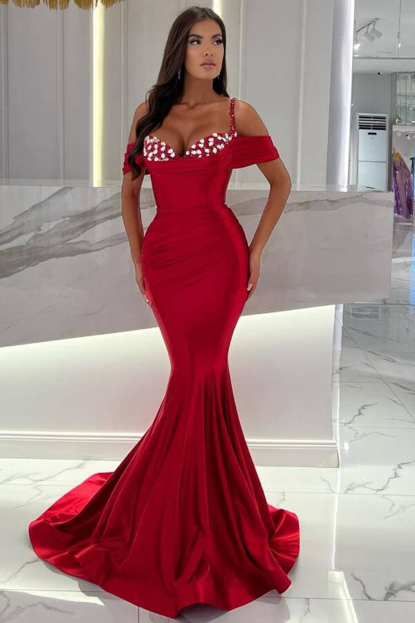 Red Spaghetti Straps Off The Shoulder Mermaid Prom Dress with Rhinestones-BallBride