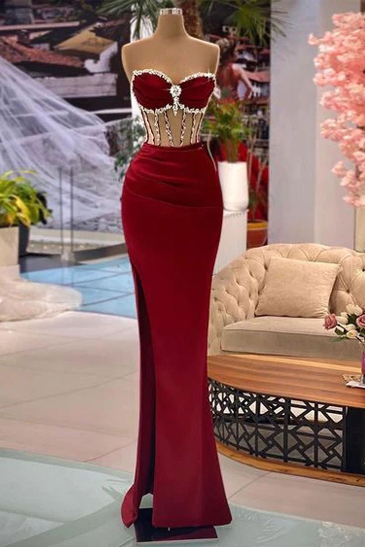 Red Strapless Mermaid Mermaid Prom Dress with Side Split and Rhinestones-BallBride