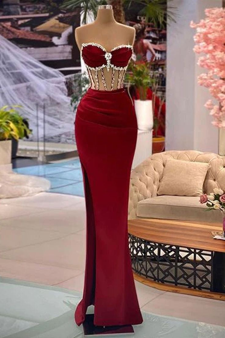 Red Strapless Mermaid Mermaid Prom Dress with Side Split and Rhinestones-BallBride