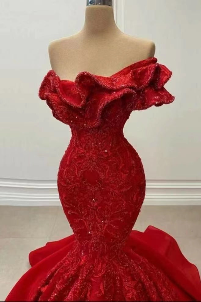Red Strapless Mermaid Sequins Prom Dress On Sale-BallBride