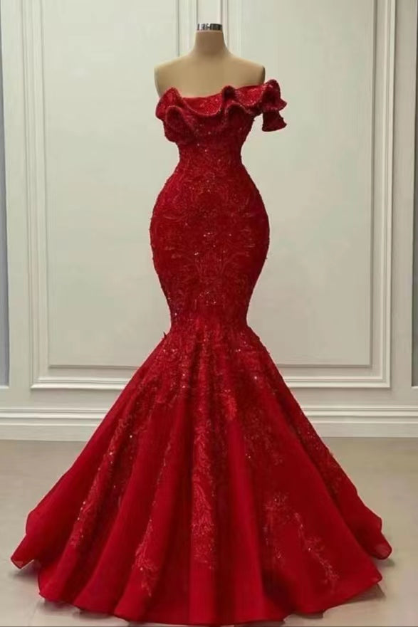 Red Strapless Mermaid Sequins Prom Dress On Sale-BallBride