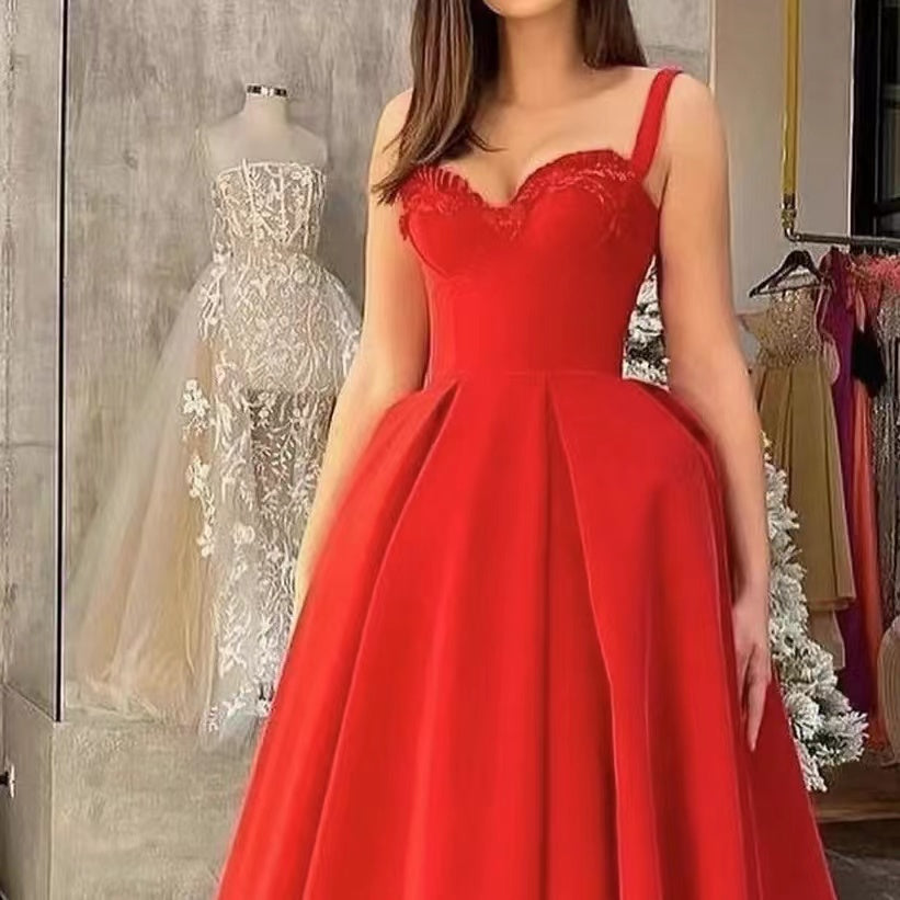 Red Straps Sweetheart Evening Dress with Appliques-BallBride
