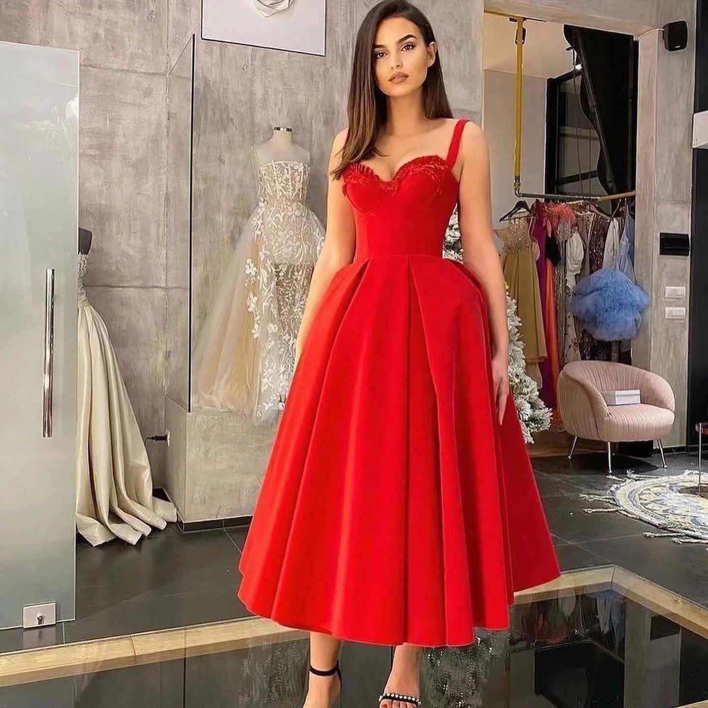 Red Straps Sweetheart Evening Dress with Appliques-BallBride