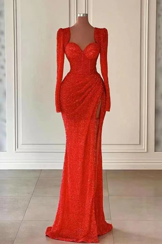 Red Sweetheart Mermaid Evening Dress with Splits and Long Sleeves-BallBride