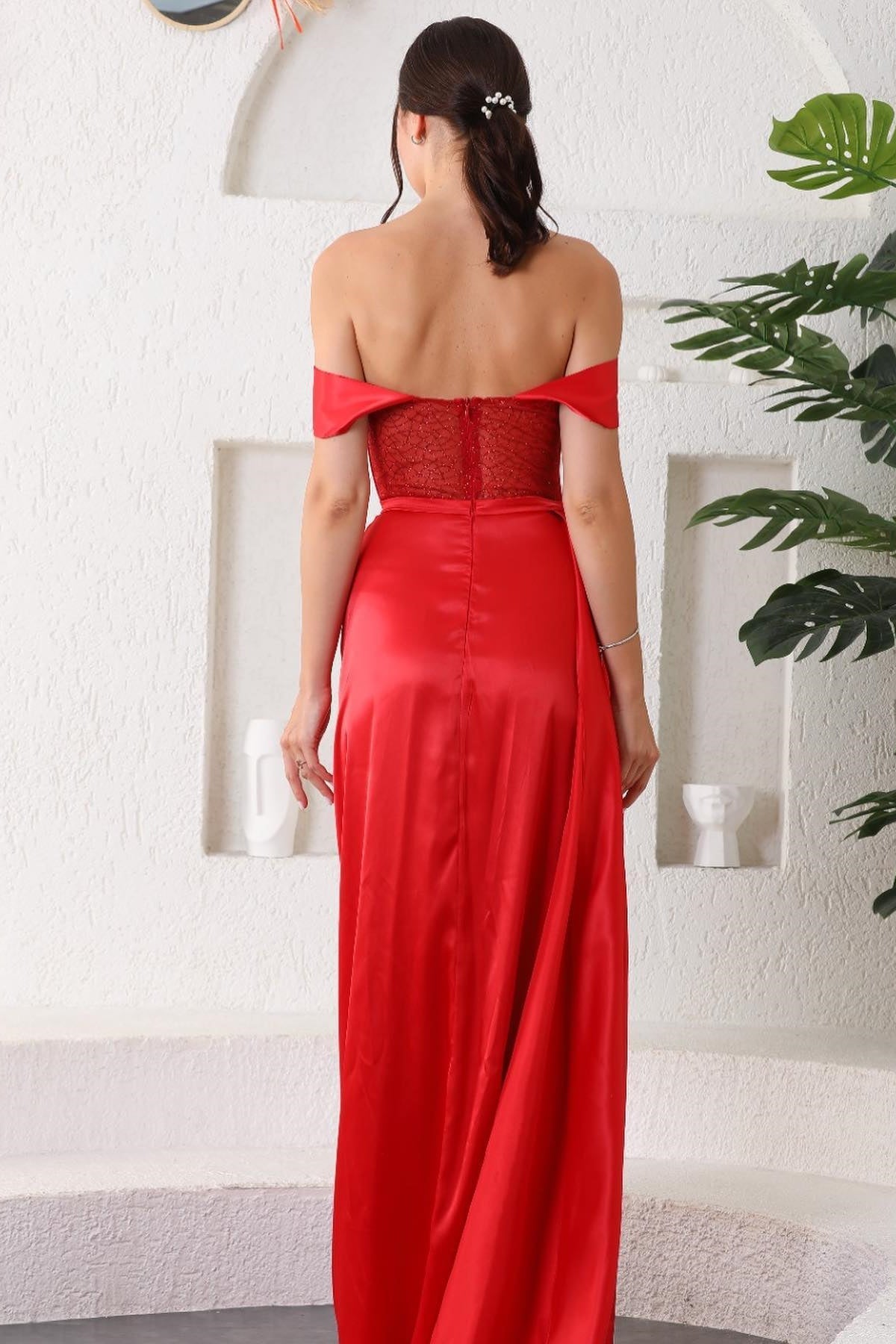 Red Sweetheart Off-the-shoulder Mermaid Prom Dress With Slit-BallBride