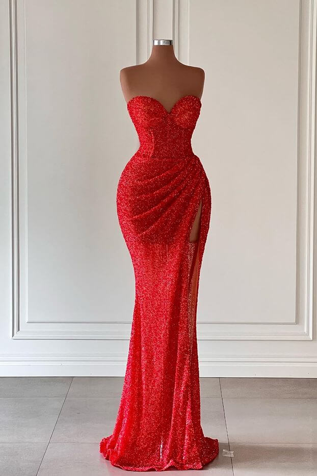 Red Sweetheart Sleeveless Long Mermaid Sequins Prom Dress with Split-BallBride