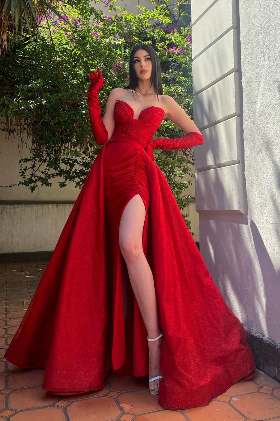 Red Sweetheart Sleeveless Mermaid Prom Dress With Split Overskirt-BallBride