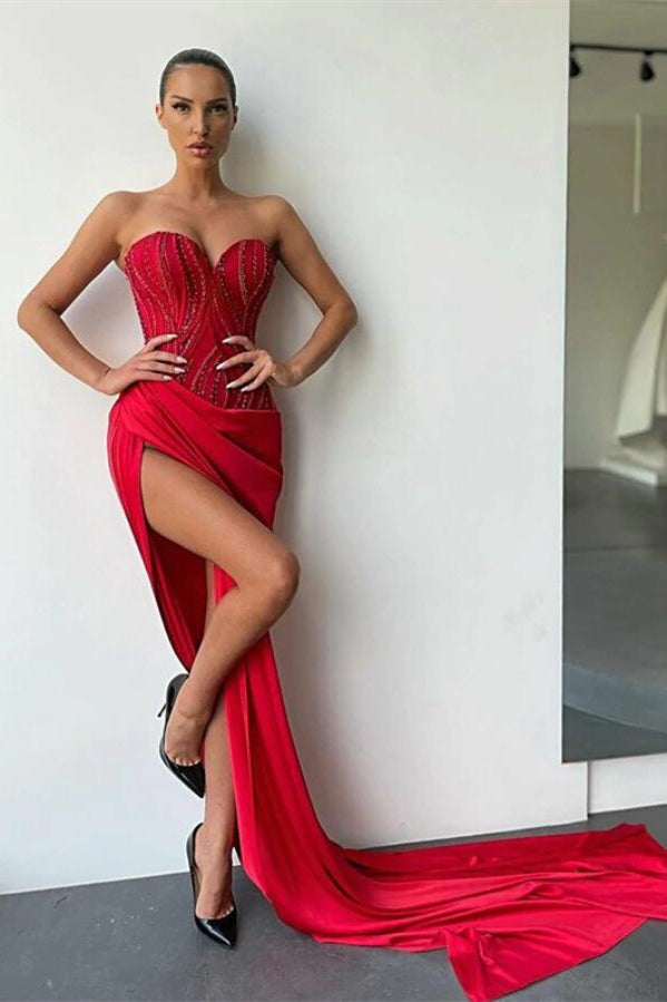 Red Sweetheart Sleeveless Prom Dress with Beadings & Split-BallBride