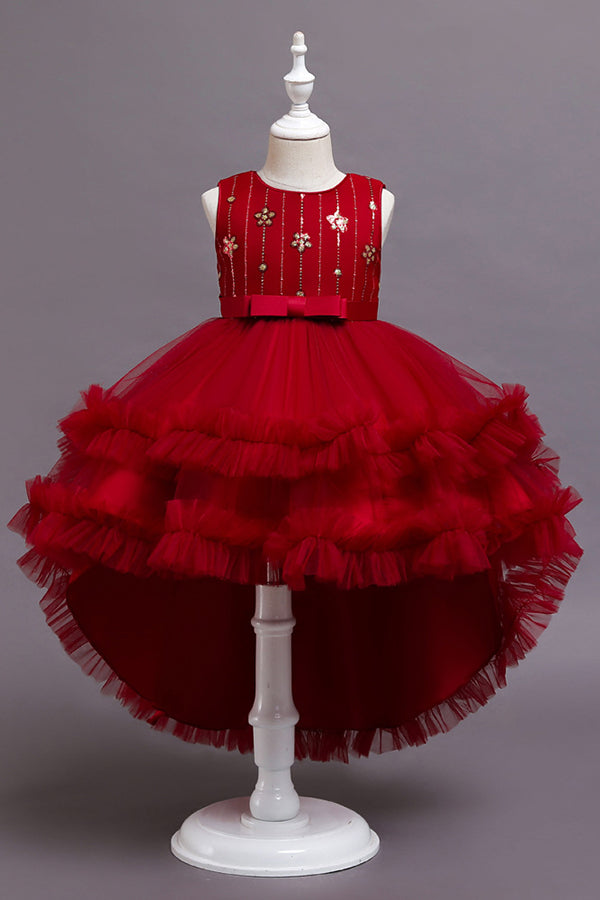 Red Tulle Belt Ruffles Flower Girl Dress with Appliques-BallBride