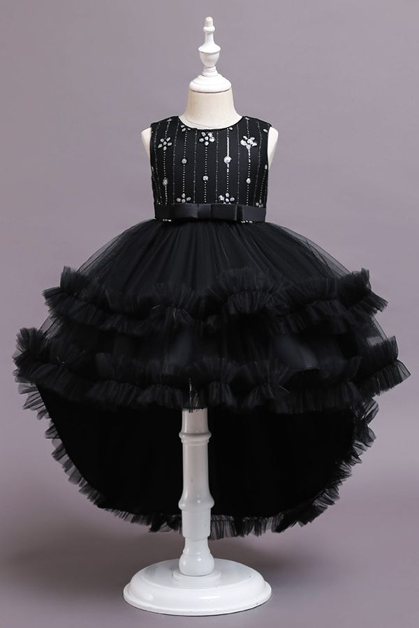 Red Tulle Belt Ruffles Flower Girl Dress with Appliques-BallBride