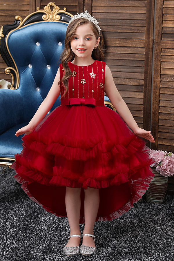 Red Tulle Belt Ruffles Flower Girl Dress with Appliques-BallBride