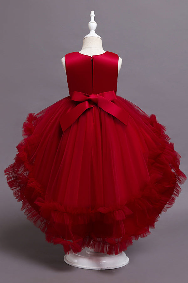 Red Tulle Belt Ruffles Flower Girl Dress with Appliques-BallBride