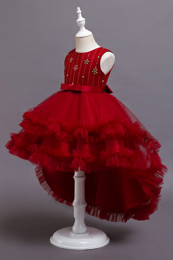 Red Tulle Belt Ruffles Flower Girl Dress with Appliques-BallBride