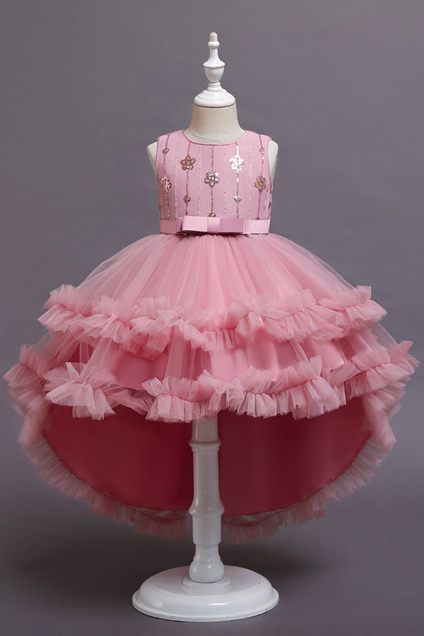 Red Tulle Belt Ruffles Flower Girl Dress with Appliques-BallBride