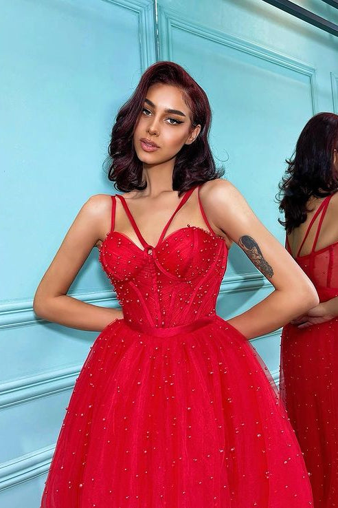 Red Tulle Prom Dress with Spaghetti-Straps and Pearls-BallBride