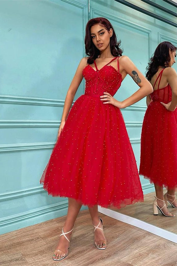 Red Tulle Prom Dress with Spaghetti-Straps and Pearls-BallBride