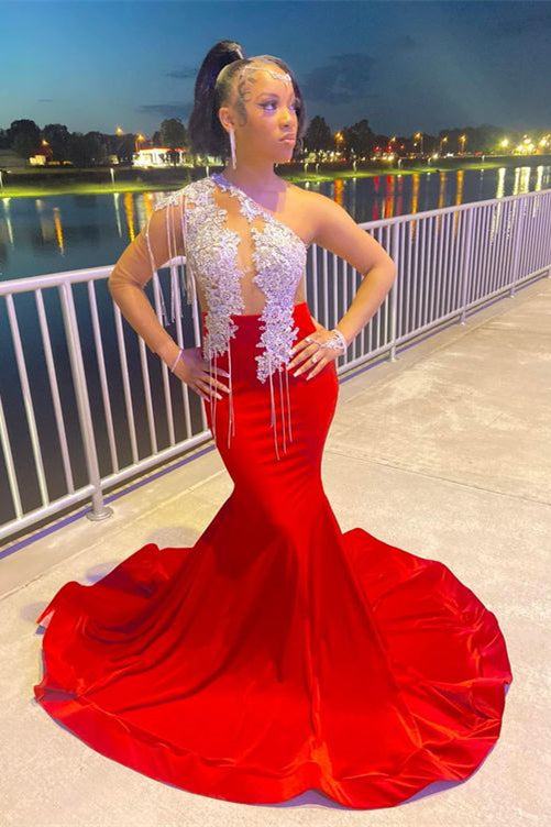 Red & White Mermaid Prom Dress w/ Tassel Appliques-BallBride