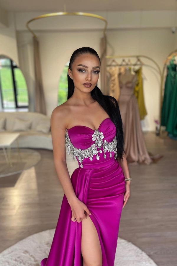 Rhinestones Appliques Lace Sweetheart Satin Slit Satin Prom Dress-BallBride