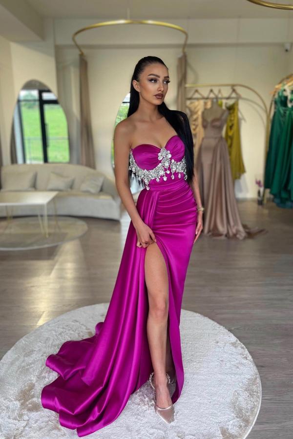 Rhinestones Appliques Lace Sweetheart Satin Slit Satin Prom Dress-BallBride