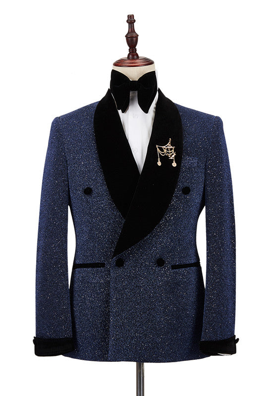 Ricardo Sparkle Dark Navy Black Shawl Lapel Double Breasted Wedding Suits-BallBride