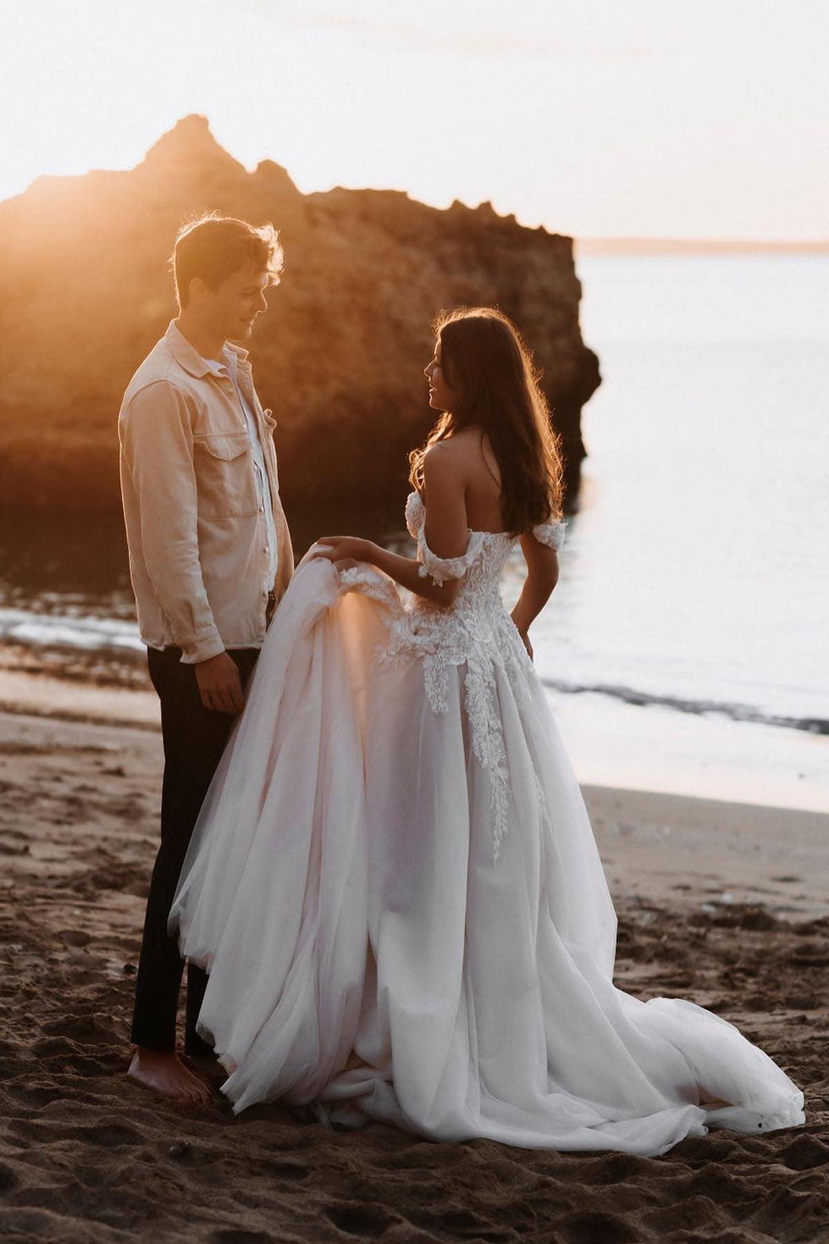 Romantic A-Line Appliques Lace Off-the-shoulder Tulle Train Wedding Dress-BallBride