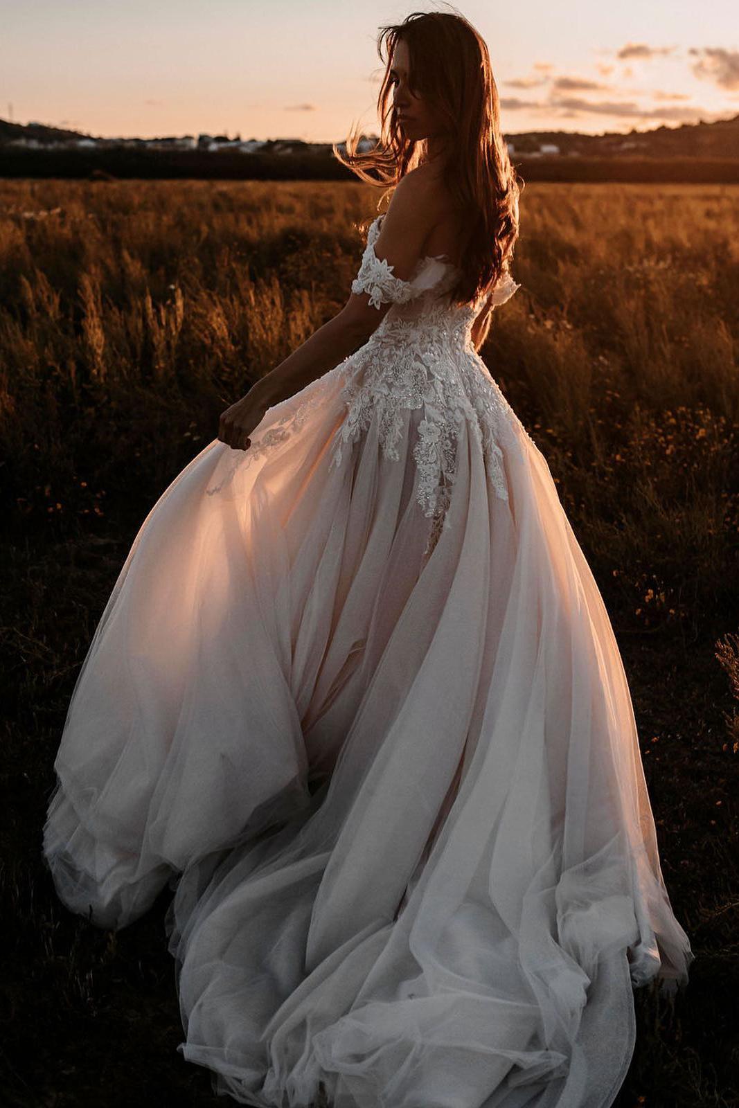 Romantic A-Line Appliques Lace Off-the-shoulder Tulle Train Wedding Dress-BallBride