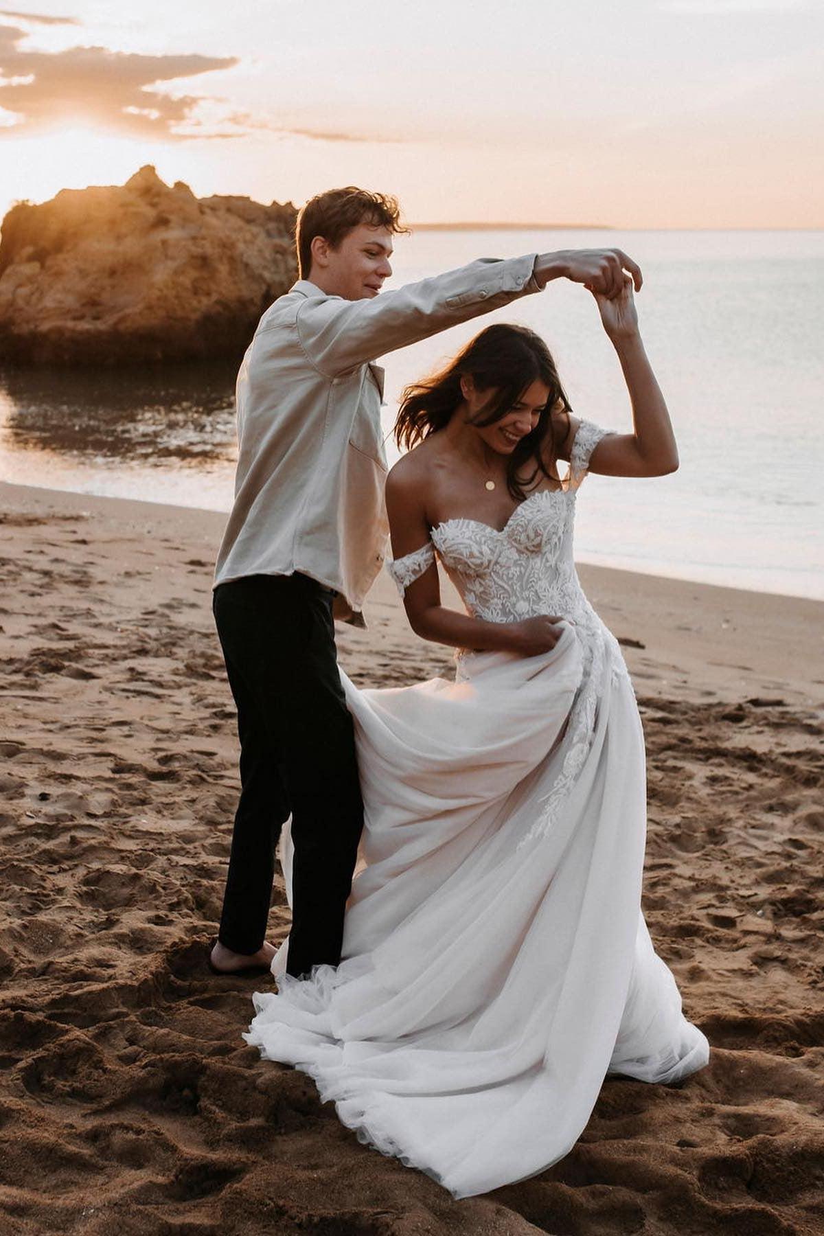 Romantic A-Line Appliques Lace Off-the-shoulder Tulle Train Wedding Dress-BallBride