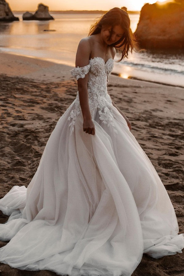 Romantic A-Line Appliques Lace Off-the-shoulder Tulle Train Wedding Dress-BallBride
