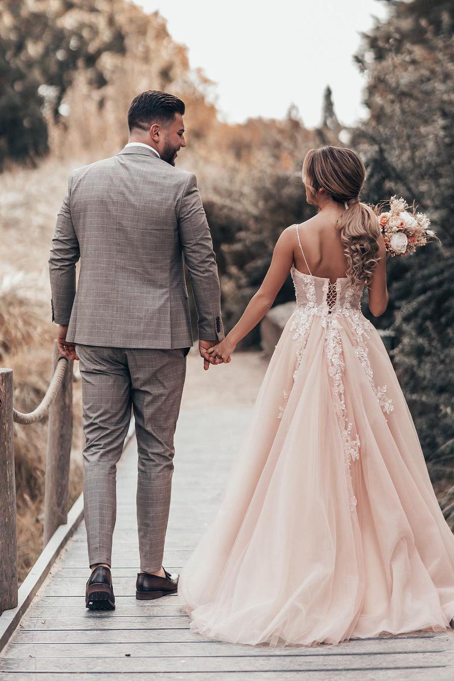 Romantic A-Line Spaghetti-Straps Long Wedding Dress With Tulle Lace-BallBride