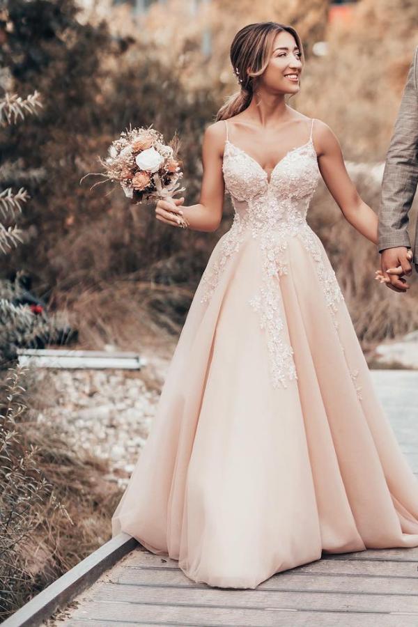 Romantic A-Line Spaghetti-Straps Long Wedding Dress With Tulle Lace-BallBride