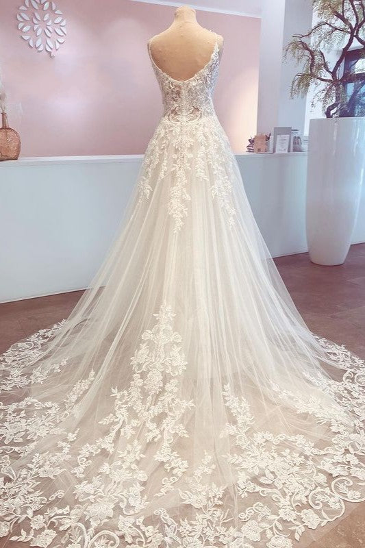 Romantic A-Line Wedding Dress with Appliques Lace and Spaghetti-Straps Backless Train-BallBride