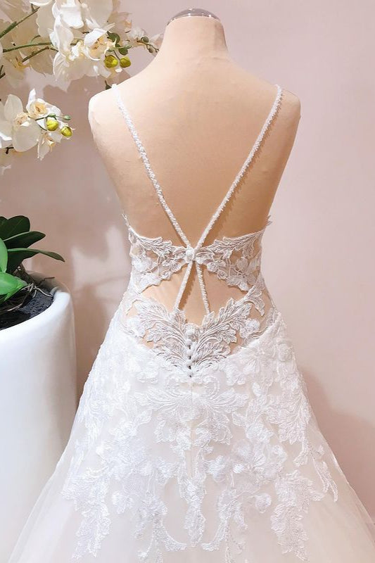 Romantic A-line Wedding Dress with Spaghetti Straps and Appliques Lace Tulle-BallBride