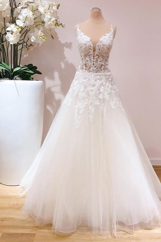 Romantic A-line Wedding Dress with Spaghetti Straps and Appliques Lace Tulle-BallBride