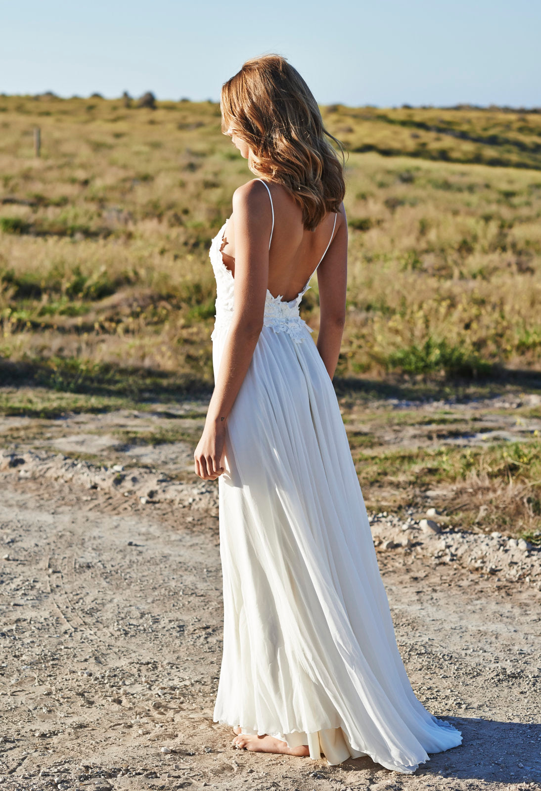 Romantic Lace Spaghetti-Straps Chiffon Long Summer Beach Wedding Dress-BallBride