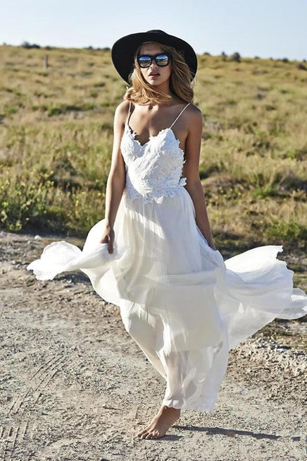 Romantic Lace Spaghetti-Straps Chiffon Long Summer Beach Wedding Dress-BallBride