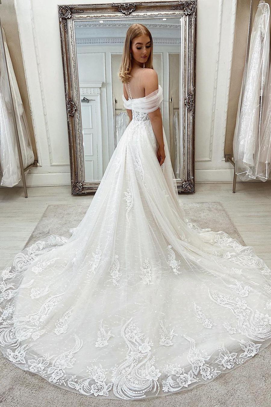 Romantic Long A-line Off-the-shoulder Wedding Dress With Tulle Lace-BallBride