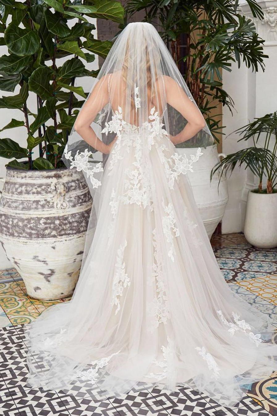 Romantic Long A-line V-neck Tulle Wedding Dress With Lace Open Back-BallBride