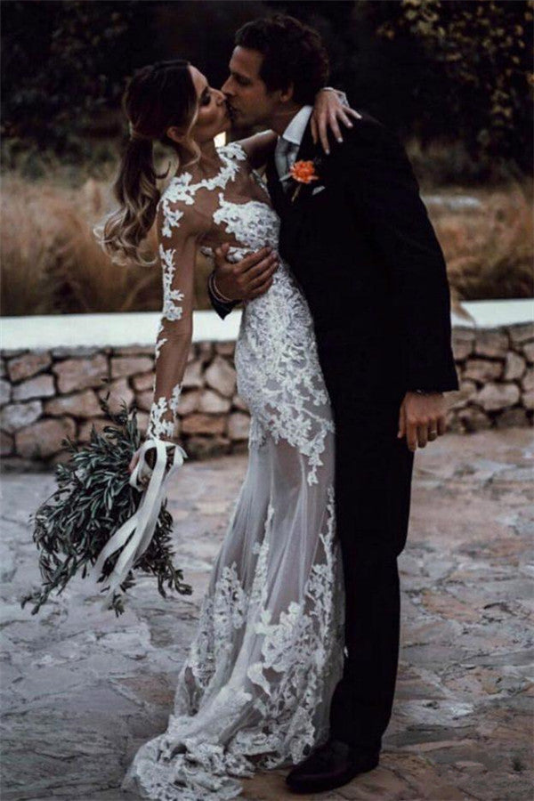 Romantic Long Sleeve Mermaid Lace Wedding Dress-BallBride