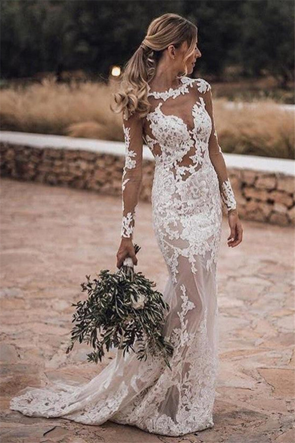 Romantic Long Sleeve Mermaid Lace Wedding Dress-BallBride