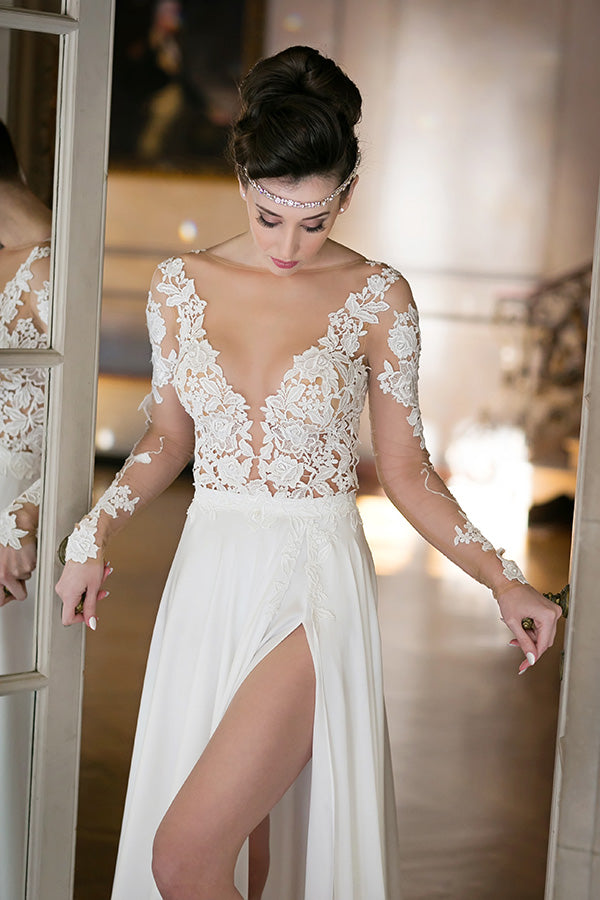 Romantic Long Sleeves Lace Appliques Slit Chiffon Wedding Dress-BallBride